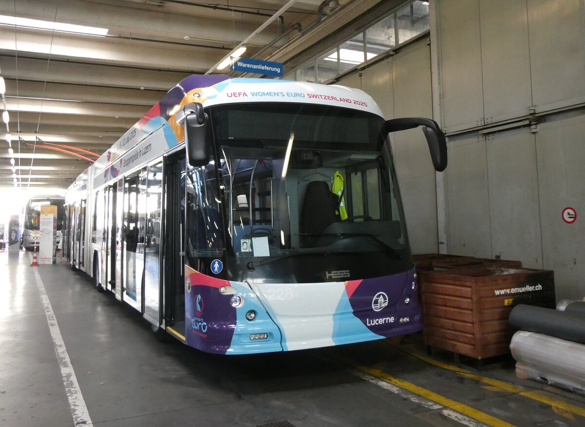 (266'740) - VBL Luzern - Nr. 228 - Hess/Hess Gelenktrolleybus am 7. September 2024 in Luzern, Depot