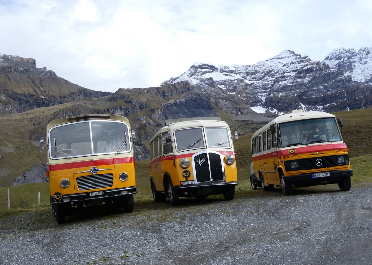 (268'114) - Schmid, Thrishaus - Nr. 9/BE 26'105 - Saurer/R&J (ex Geiger, Adelboden Nr. 9) + Nr. 3/BE 26'760 - Saurer/Gangloff (ex Geiger, Adelboden Nr. 3) + aus Deutschland: Hahn, Mnchen - Nr. 6/M-MB 309H - Mercedes (ex Mller, CH-Ennetmoos Nr. 6; ex Portenier, CH-Adelboden Nr. 6/PID 492; ex Geiger, CH-Adelboden Nr. 6) am 12. Oktober 2024 auf dem Bundlger