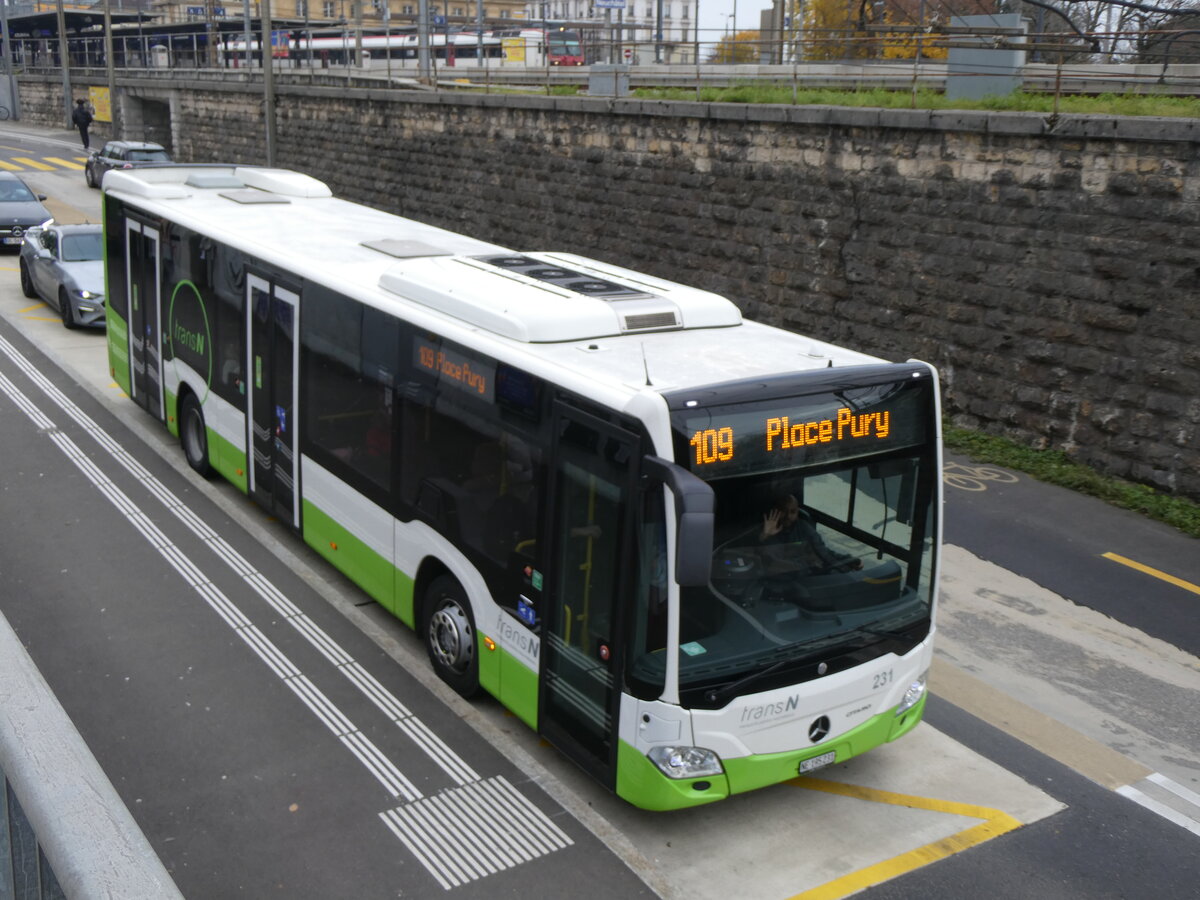(269'528) - transN, La Chaux-de-Fonds - Nr. 213/NE 195'231 - Mercedes am 30. November 2024 beim Bahnhof Neuchtel