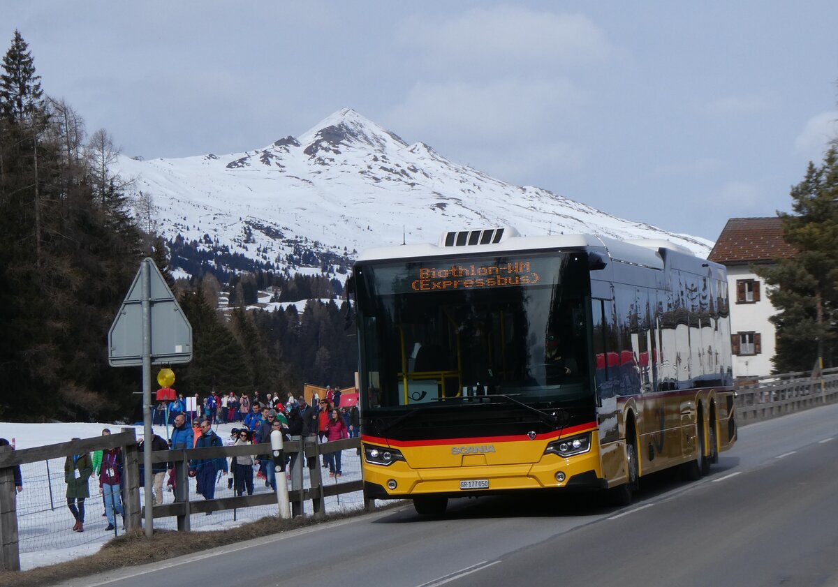 (272'400) - PostAuto Graubnden - GR 177'050/PID 12'108 - Scania am 22. Februar 2025 in Lantsch/Lenz, Biathlon-WM