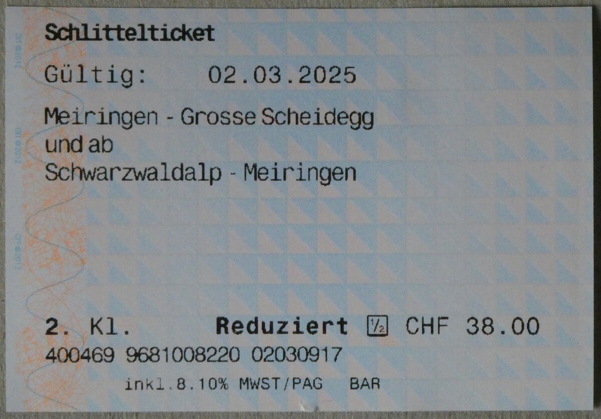 (272'618) - PostAuto-Schlittelticket Meiringen-Grosse Scheidegg vom 2. Mrz 2025 am 3. Mrz 2025 in Thun