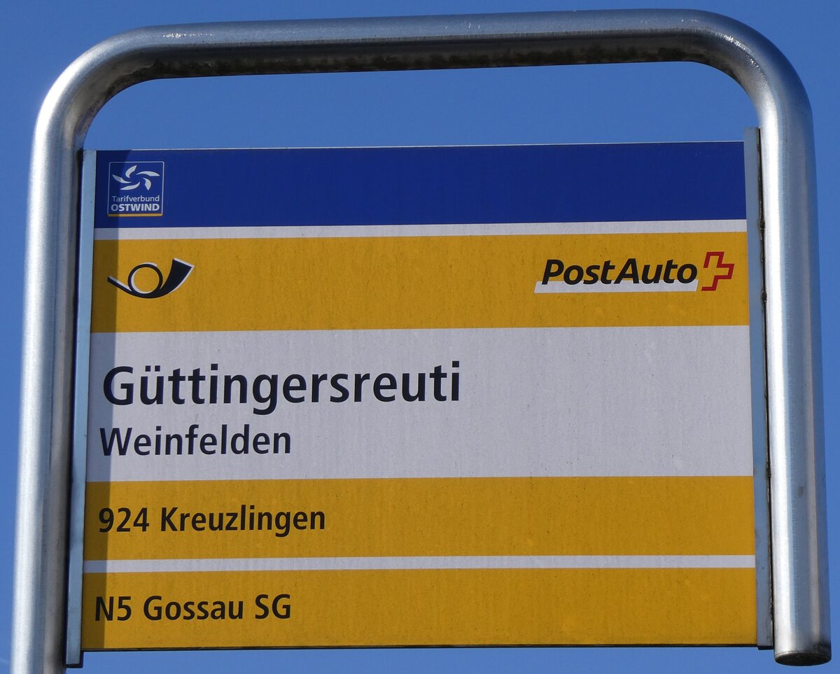(272'633) - PostAuto-Haltestellenschild - Weinfelden, Gttingersreuti - am 4. Mrz 2025
