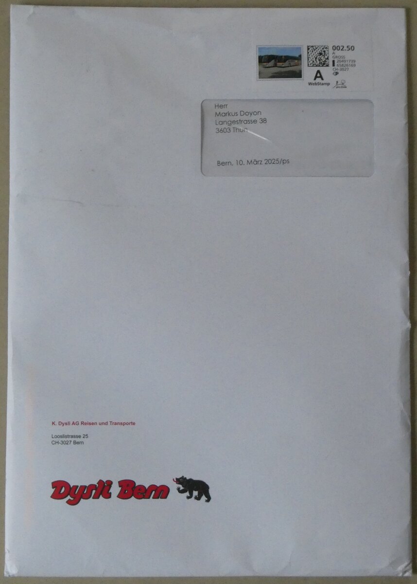 (272'822) - Dysli-Briefumschlag vom 10. Mrz 2025 am 11. Mrz 2025 in Thun