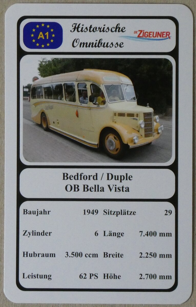 (273'036) - Quartett-Spielkarte mit Bedford / Duple OB Bella Vista von 1949 am 16. Mrz 2025 in Thun