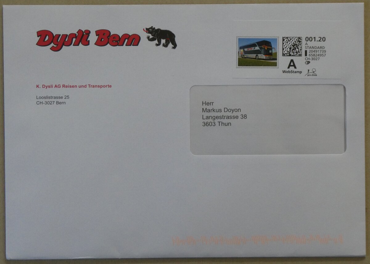 (273'110) - Dysli-Briefumschlag vom 19. Mrz 2025 am 20. Mrz 2025 in Thun
