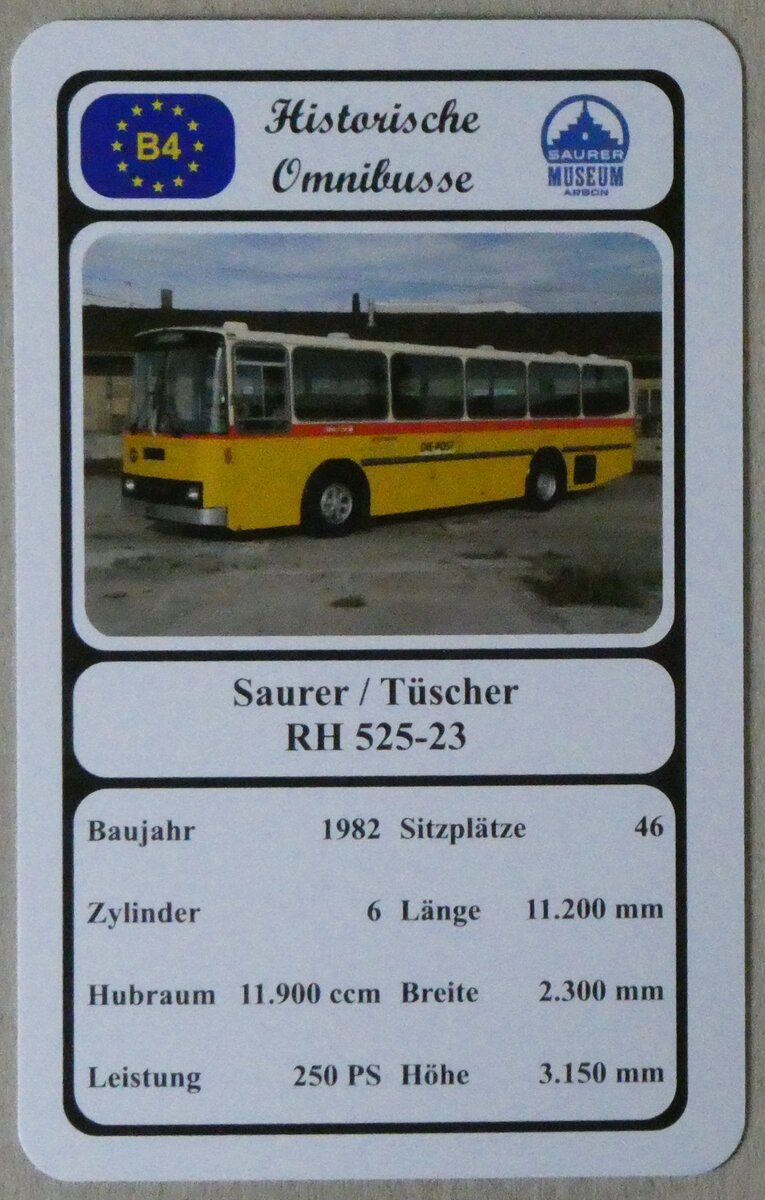 (273'140) - Quartett-Spielkarte mit Saurer / Tscher RH 525-23 von 1982 am 23. Mrz 2025 in Thun