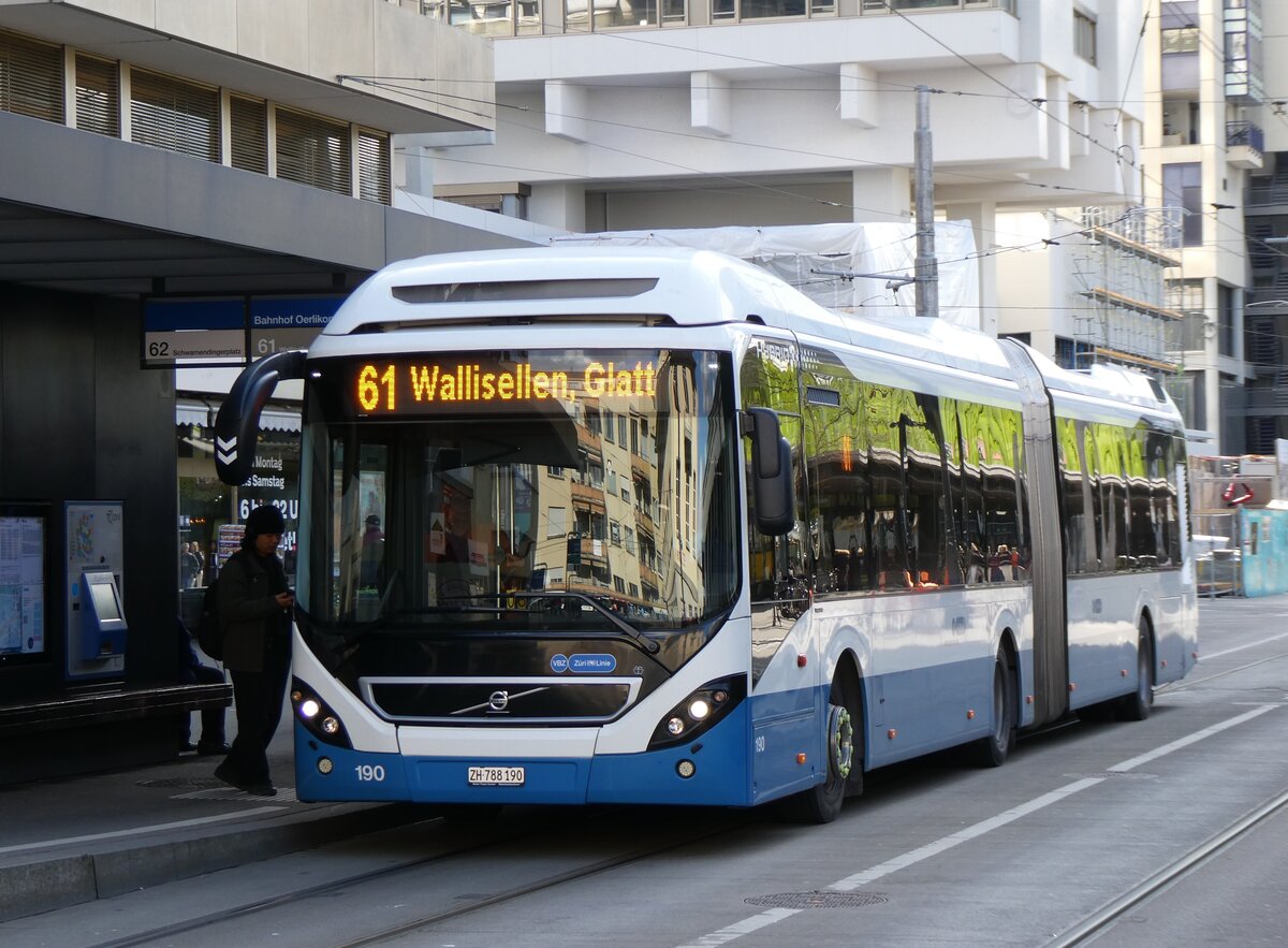 (273'163) - VBZ Zrich - Nr. 190/ZH 788'190 - Volvo am 24. Mrz 2025 beim Bahnhof Zrich Oerlikon