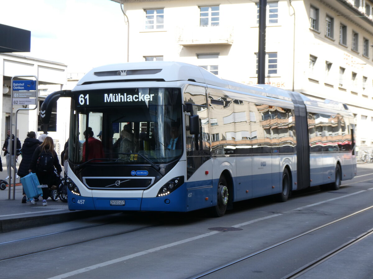 (273'165) - VBZ Zrich - Nr. 457/ZH 501'457 - Volvo am 24. Mrz 2025 beim Bahnhof Zrich Oerlikon
