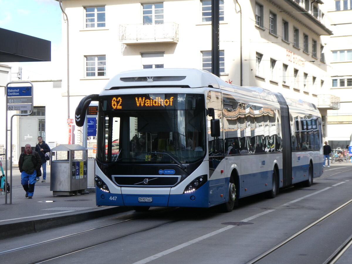 (273'166) - VBZ Zrich - Nr. 447/ZH 907'447 - Volvo am 24. Mrz 2025 beim Bahnhof Zrich Oerlikon