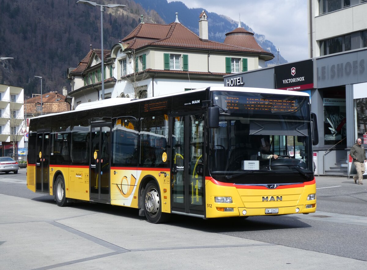 (273'302) - PostAuto Zentralschweiz - Nr. 512/OW 10'601/PID 10'591 - MAN (ex Nr. 1; ex Dillier, Sarnen Nr. 1) am 28. Mrz 2025 beim Bahnhof Interlaken West