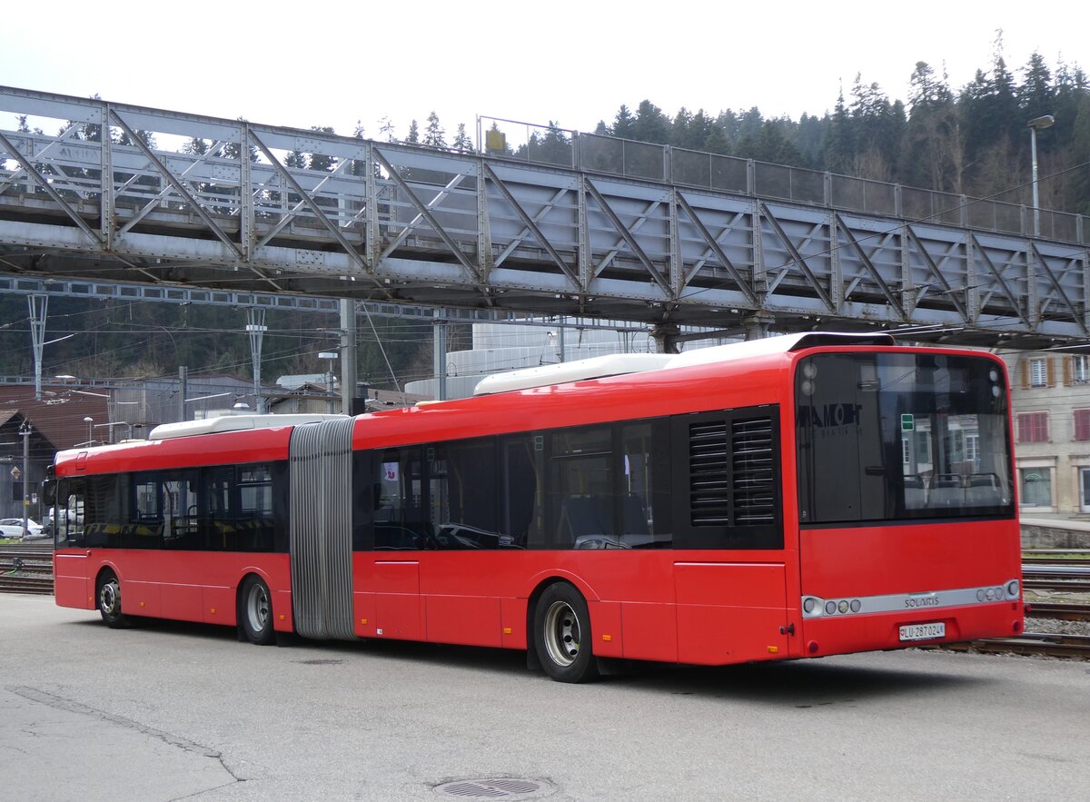 (273'458) - Hfliger, Sursee - Nr. 6/LU 287'024 - Solaris (ex LBB Obertiefenbach, D-Beselich; ex Dahmetal, D-Ratzeburg Nr. 326; ex SVP Pforzheim/D Nr. 217) am 31. Mrz 2025 beim Bahnhof Langnau 