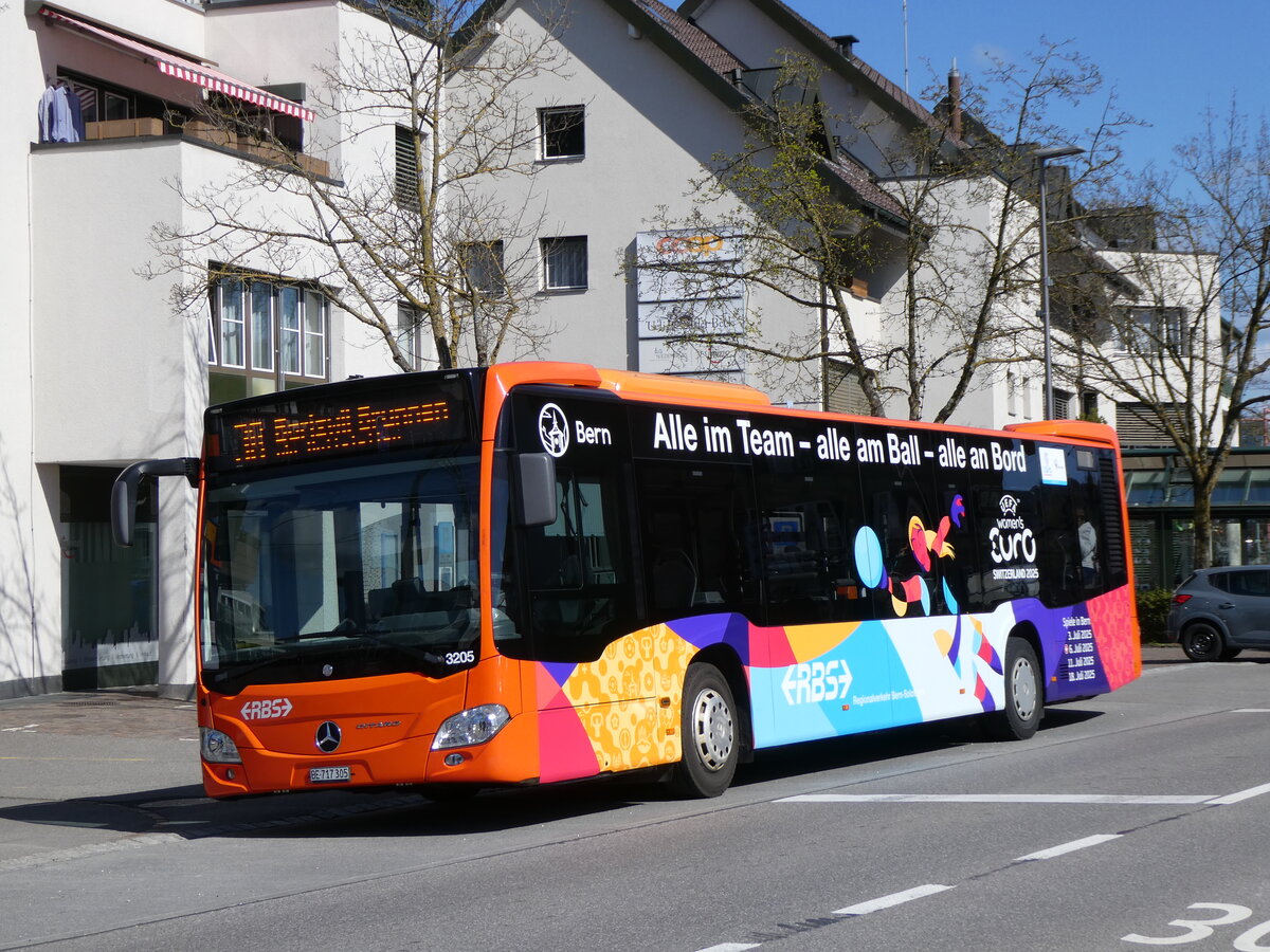 (273'472) - RBS Worblaufen - Nr. 3205/BE 717'305 - Mercedes (ex Nr. 5) am 31. Mrz 2025 beim Bahnhof Schnbhl