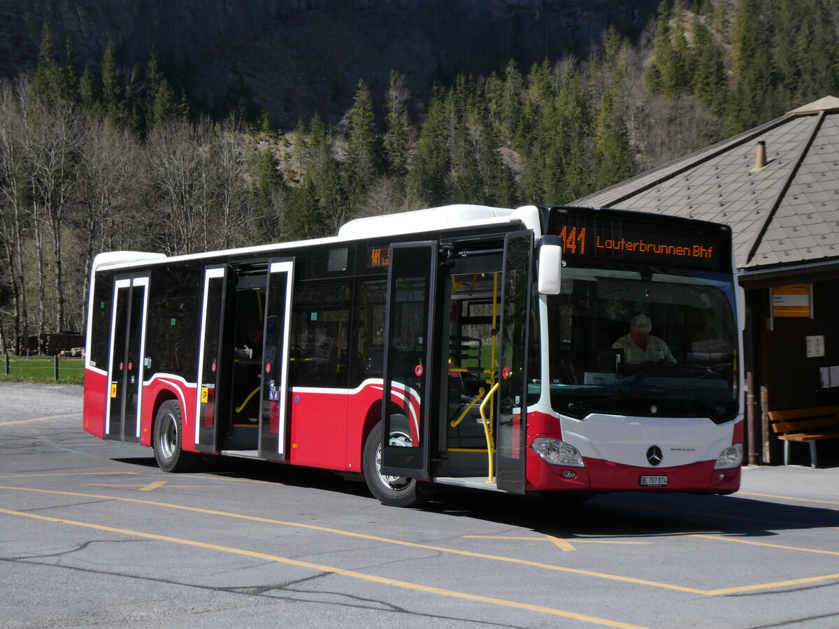 (273'807) - PostAuto Bern - BE 707'874/PID 12'319 - Mercedes (ex Wiener Linien, A-Wien Nr. 8163) am 10. April 2025 in Stechelberg, Hotel