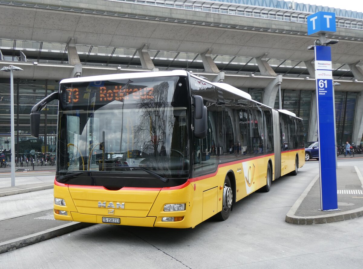 (274'024) - PostAuto Ostschweiz - TG 158'213/PID 4818 - MAN (ex PostAuto Graub�nden; ex PostAuto Ostschweiz SZ 68'458; ex PostAuto Ostschweiz SZ 44'040; ex Kistler, Reichenburg) am 15. April 2025 beim Bahnhof Luzern