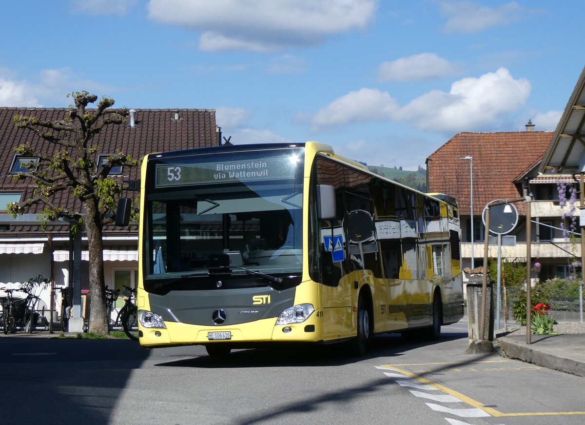 (274'138) - STI Thun - Nr. 416/BE 106'416 - Mercedes am 23. April 2025 beim Bahnhof Seftigen