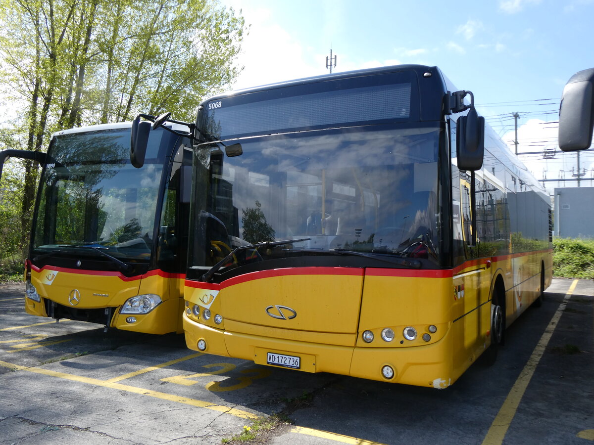 (274'223) - CarPostal Ouest - VD 172'736/PID 5068 - Solaris (ex PostAuto Bern) am 26. April 2025 in Yverdon, Garage