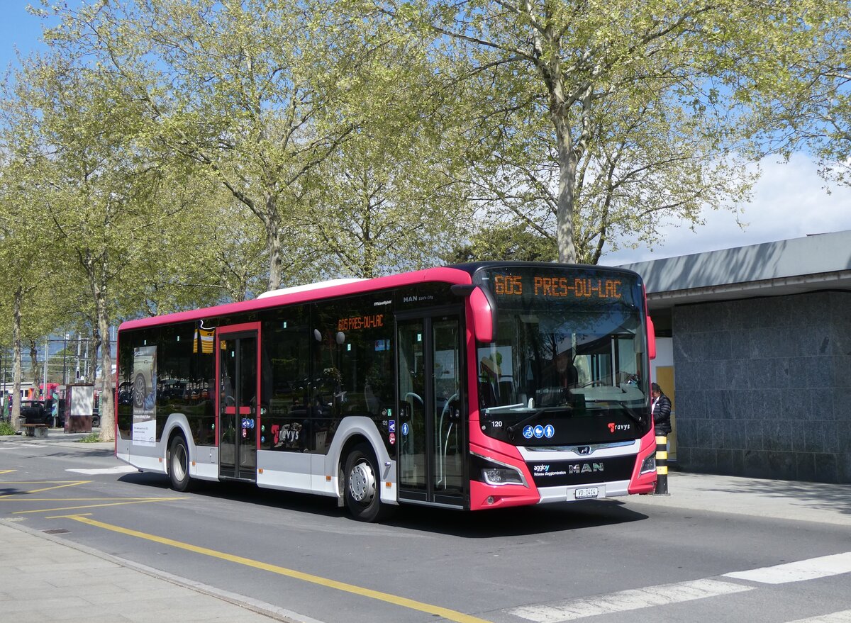 (274'261) - TRAVYS Yverdon - Nr. 120/VD 1414 - MAN am 26. April 2025 beim Bahnhof Yverdon