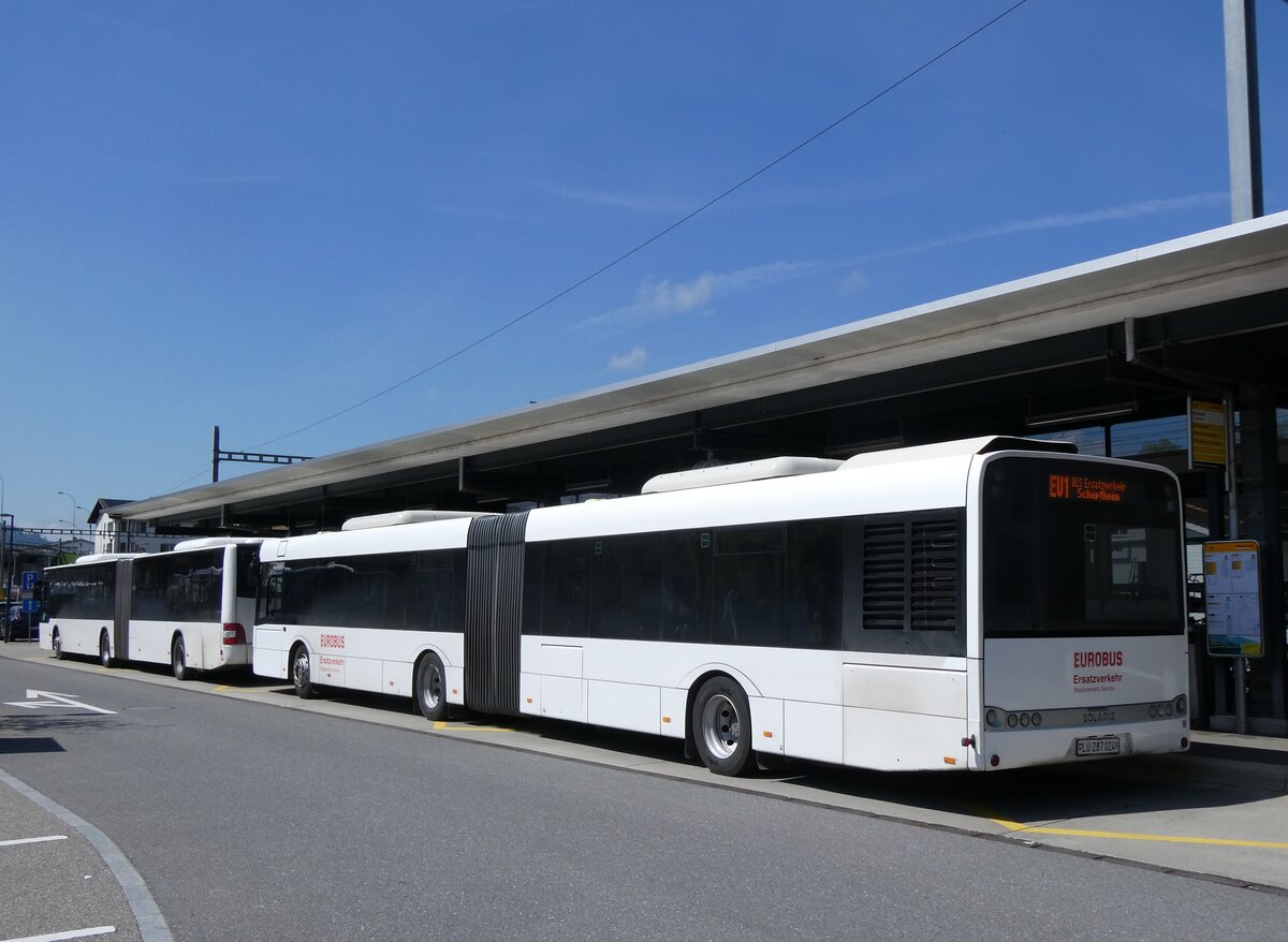 (274'336) - Hfliger, Sursee - Nr. 6/LU 287'024 - Solaris (ex LBB Obertiefenbach, D-Beselich; ex Dahmetal, D-Ratzeburg Nr. 326; ex SVP Pforzheim/D Nr. 217) am 28. April 2025 beim Bahnhof Schpfheim