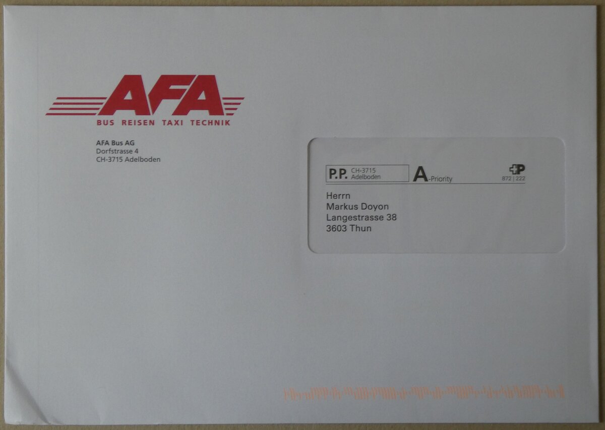 (274'379) - AFA-Briefumschlag vom 29. April 2025 am 30. April 2025 in Thun