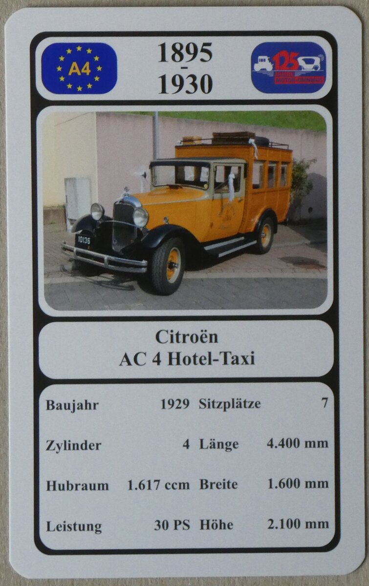 (275'549) - Quartett-Spielkarte mit Citron AC 4 Hotel-Taxi von 1929 am 12. Mai 2025 in Thun