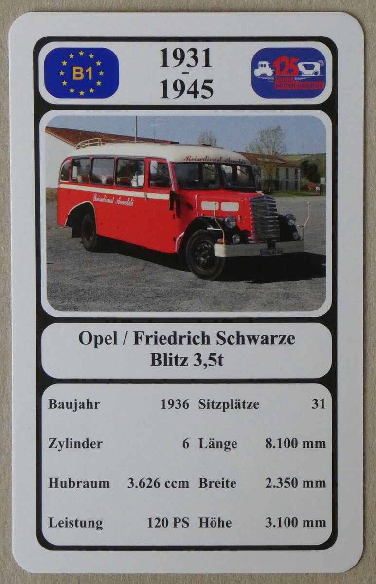 (275'688) - Quartett-Spielkarte mit Opel / Friedrich Schwarze Blitz 3,5t von 1936 am 18. Mai 2025 in Thun