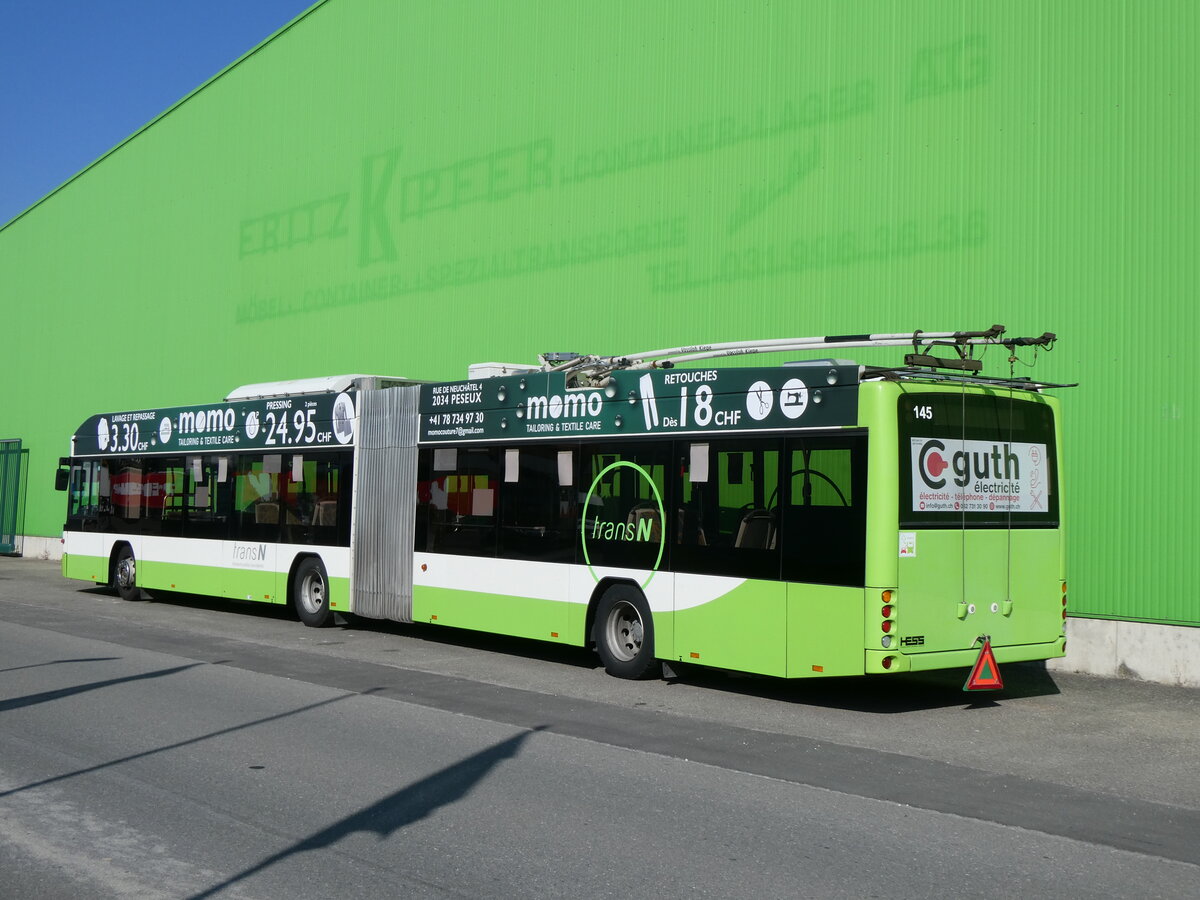 (275'692) - transN, La Chaux-de-Fonds - Nr. 145 - Hess/Hess Gelenktrolleybus (ex TN Neuch�tel Nr. 145) am 18. Mai 2025 in Kerzers, Interbus