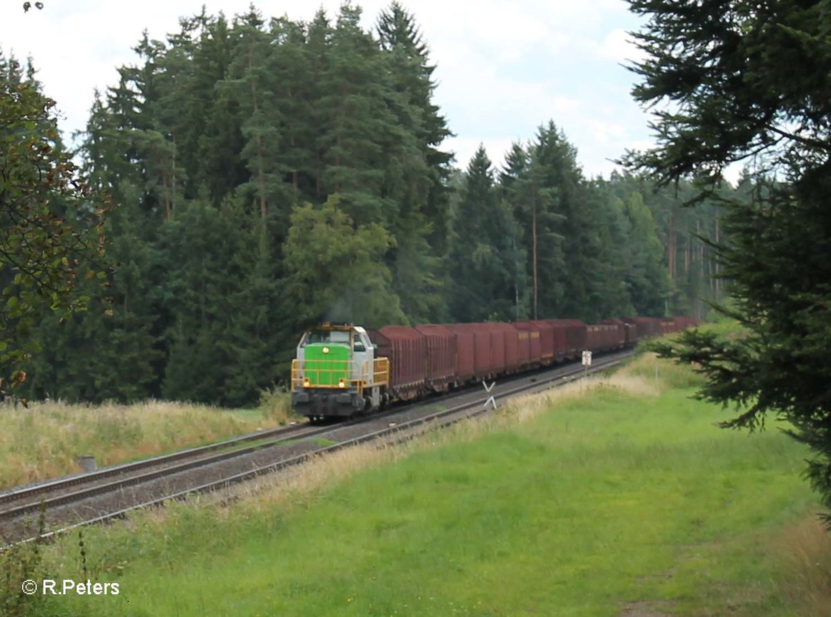 277 004 alias V1700.03 mit einem leeren Holzzug aus Wiesau nach Cheb kurz vor Pechbrunn. 30.07.16