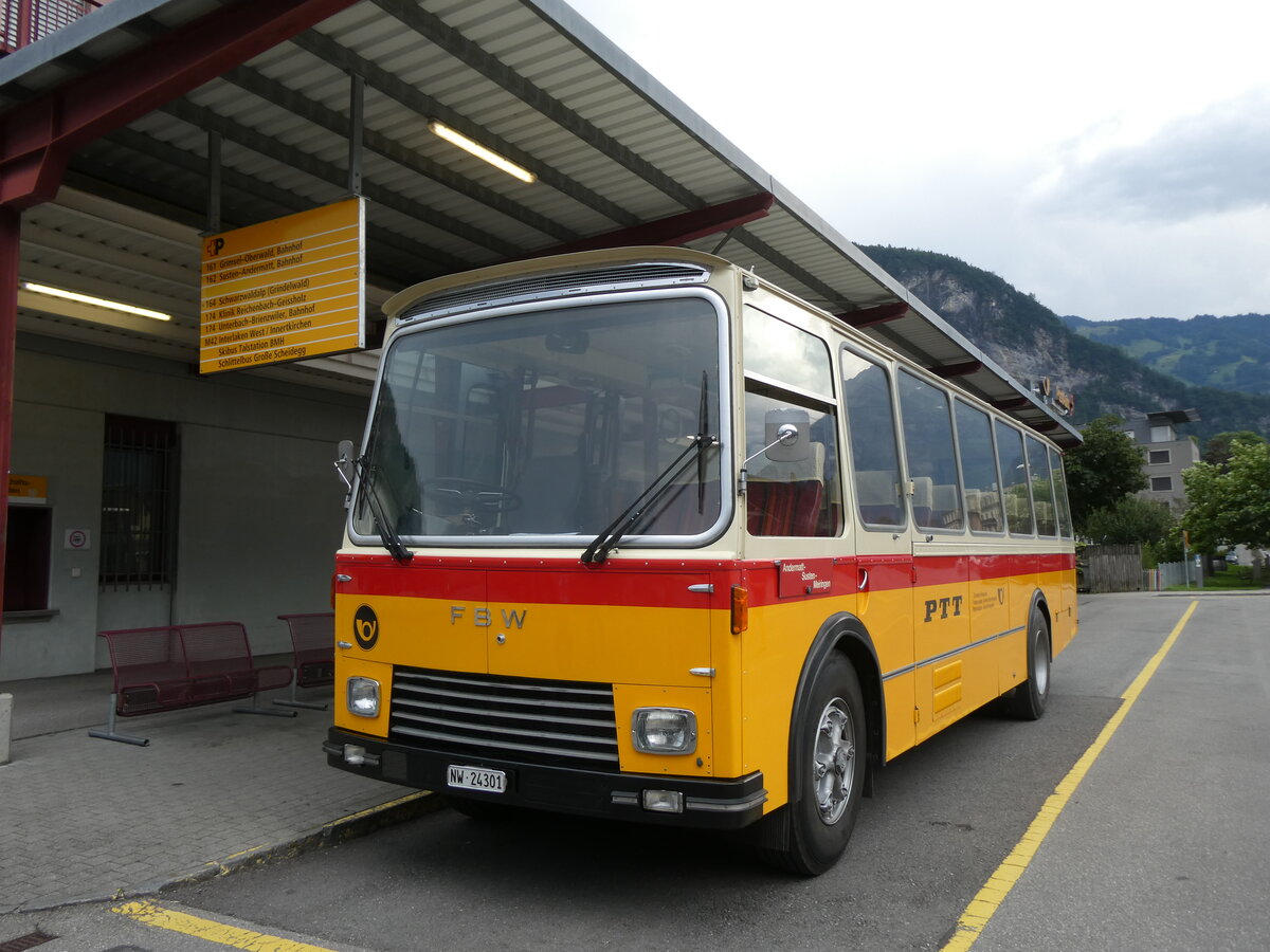 (277'470) - Lambach, Gommiswald - NW 24'301 - FBW/Eggli (ex Tanner+Lambach, Reigoldswil; ex Lambach, Rieden; ex Meier, Grt; ex AVG Grindelwald Nr. 13; ex P 24'182) am 1. Juli 2025 in Meiringen, Postautostatio