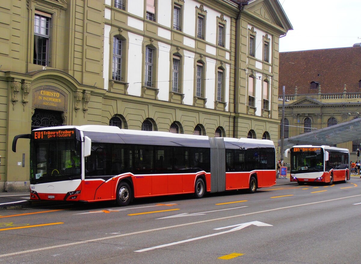 (277'501) - Intertours, Domdidier - Nr. 663/FR 300'663 - Solaris (ex PostBus/A BD 15'713) am 4. Juli 2025 beim Bahnhof Bern