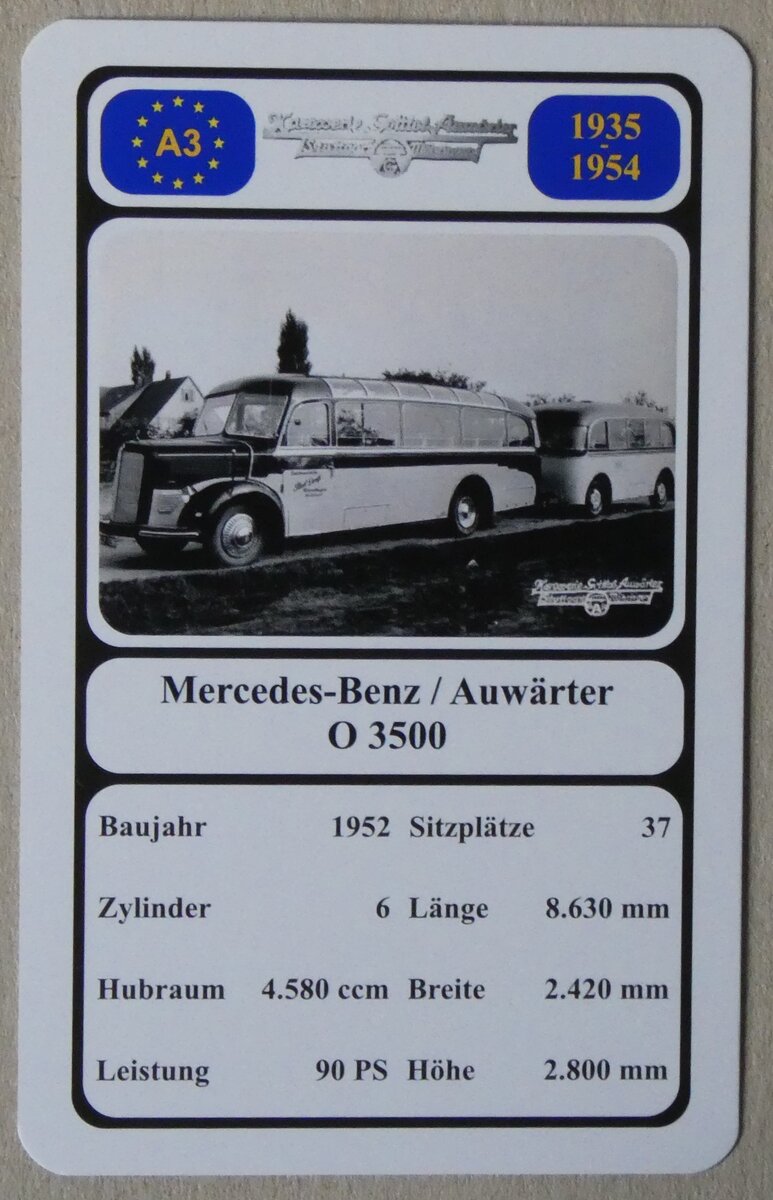 (278'421) - Quartett-Spielkarte mit Mercedes-Benz / Auwrter O 3500 von 1952 am 3. August 2025 in Thun