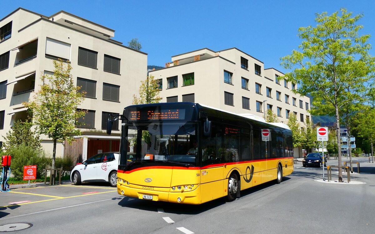 (279'222) - PostAuto Zentralschweiz - Nr. 504/NW 5019/PID 10'051 - Solaris (ex Nr. 54; ex Thepra, Stans Nr. 19) am 19. August 2025 beim Bahnhof Stans