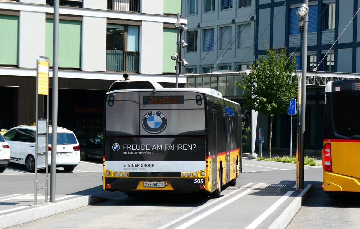 (279'223) - PostAuto Zentralschweiz - Nr. 505/NW 5017/PID 10'252 - Solaris (ex Nr. 55; ex Thepra, Stans Nr. 25) am 19. August 2025 beim Bahnhof Stans