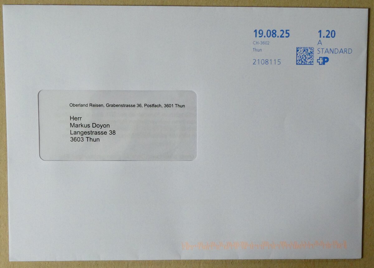 (279'239) - Oberland Reisen-Briefumschlag vom 19. August 2025 am 20. August 2025 in Thun (mit der Mitteilung, dass die STI Service AG nach rcklufiger Nachfrage ihr Carreisegeschft unter der Marke Oberland Reisen Ende 2025 schliesst.)