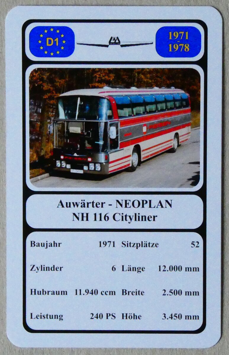 (279'332) - Quartett-Spielkarte mit Auwrter - NEOPLAN NH 116 Cityliner von 1971 am 24. August 2025 in Thun