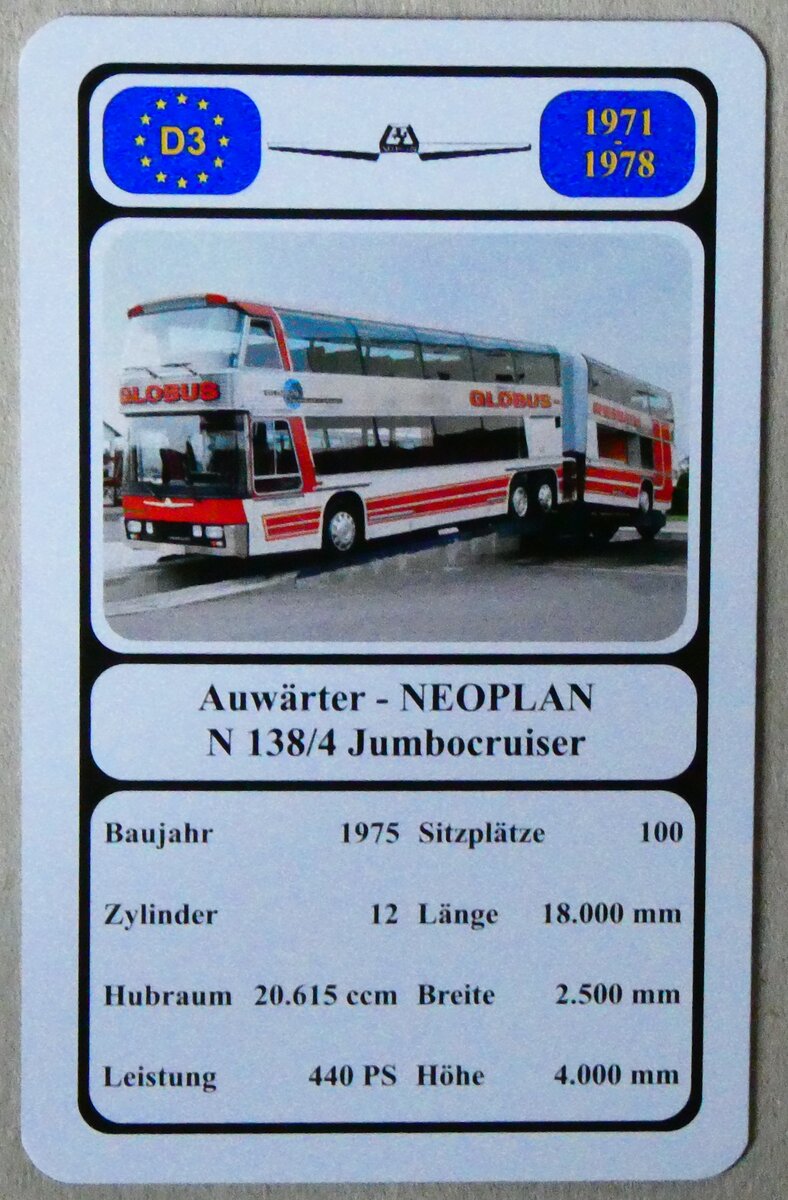 (279'334) - Quartett-Spielkarte mit Auwrter - NEOPLAN N 138/4 Jumbocruiser von 1975 am 24. August 2025 in Thun