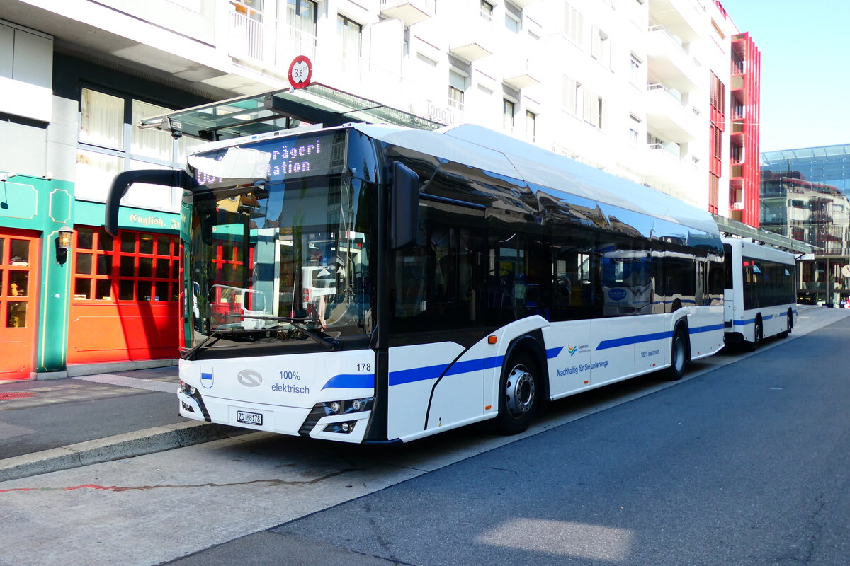 (279'412) - ZVB Zug - Nr. 178/ZG 88'178 - eSolaris am 26. August 2025 beim Bahnhof Zug