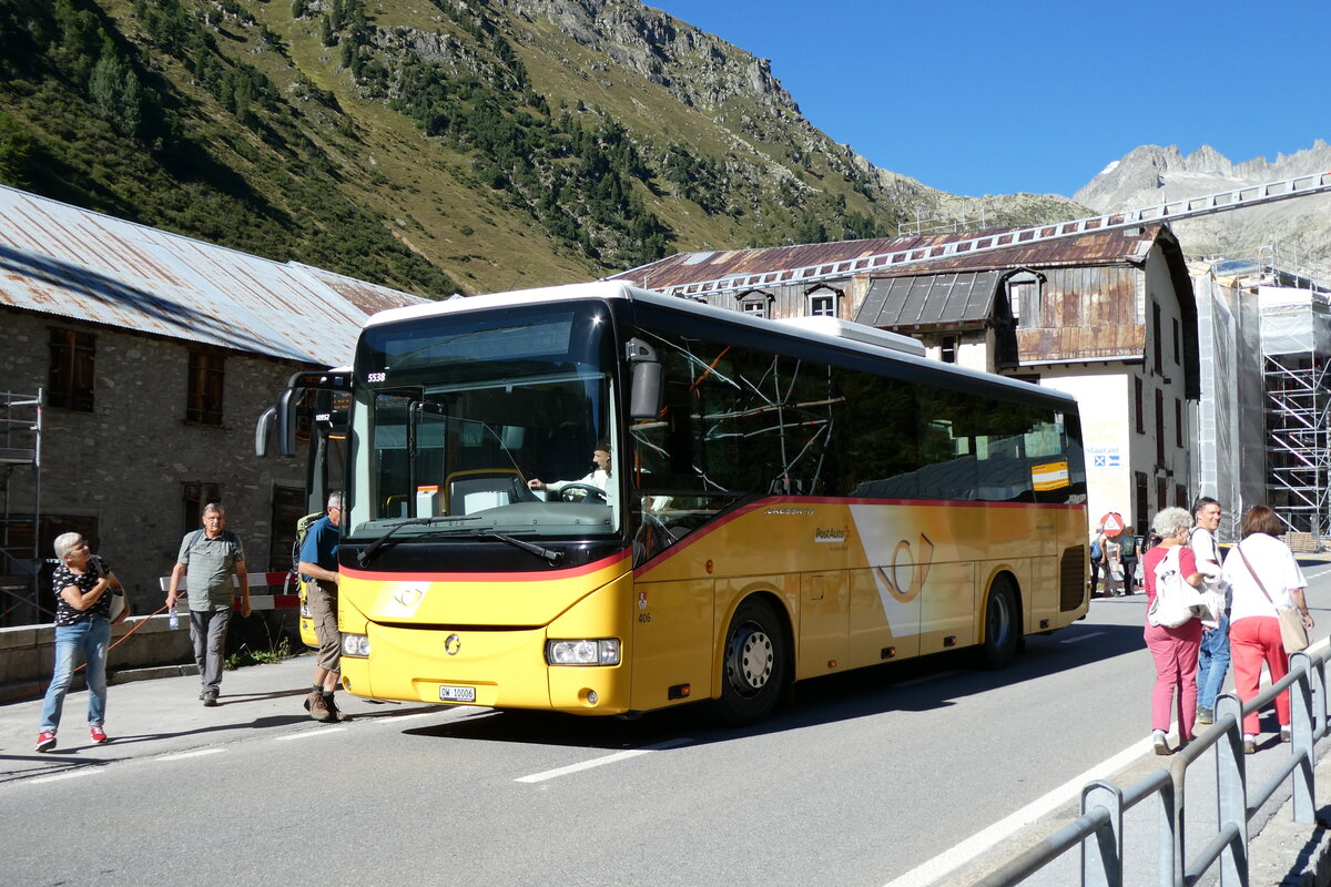 (279'865) - PostAuto Zentralschweiz - Nr. 406/OW 10'006/PID 5538 - Irisbus (ex Nr. 3; ex Dillier, Sarnen Nr. 3) am 3. September 2025 in Gletsch, Post