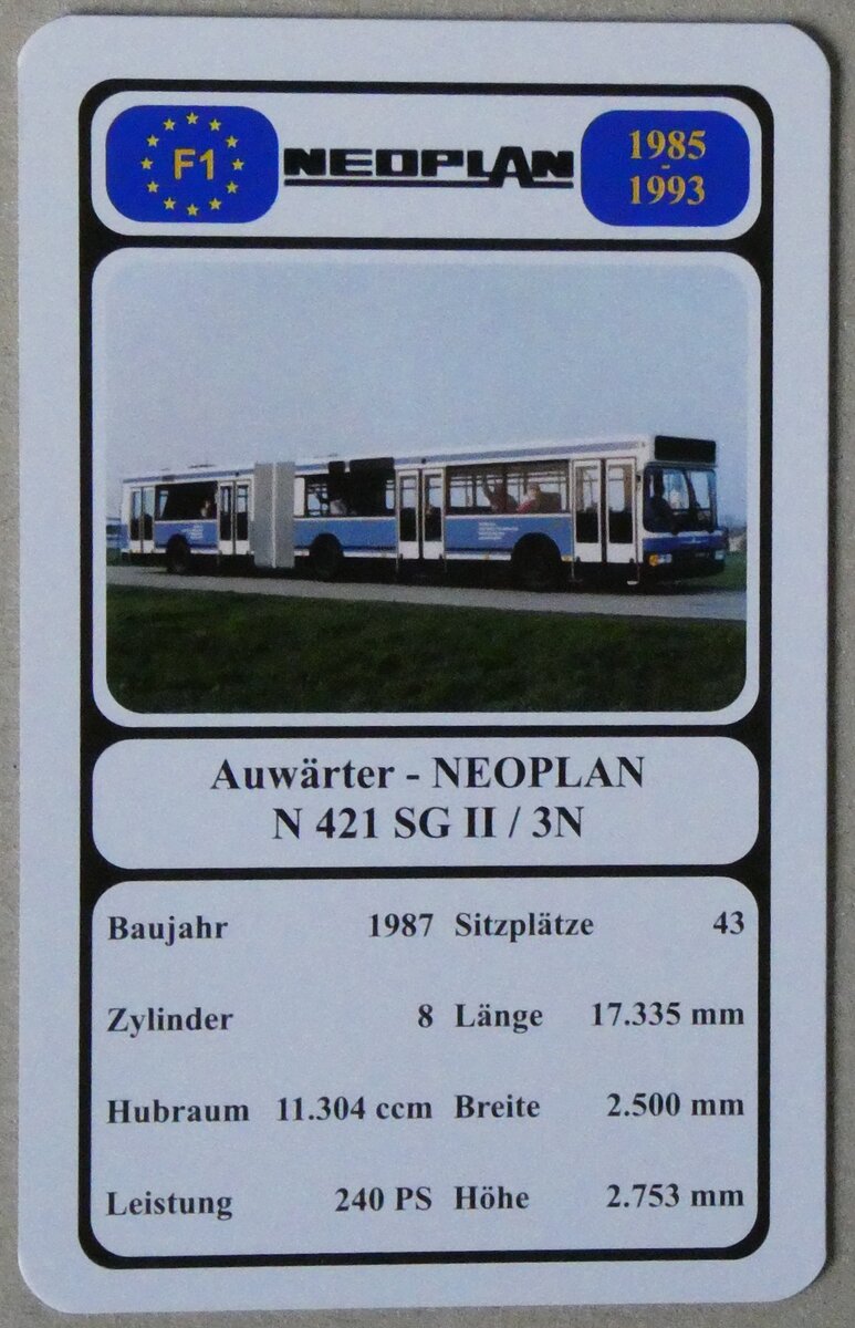 (280'033) - Quartett-Spielkarte mit Auwrter - NEOPLAN N 421 SG II / 3N von 1987 am 7. September 2025 in Thun