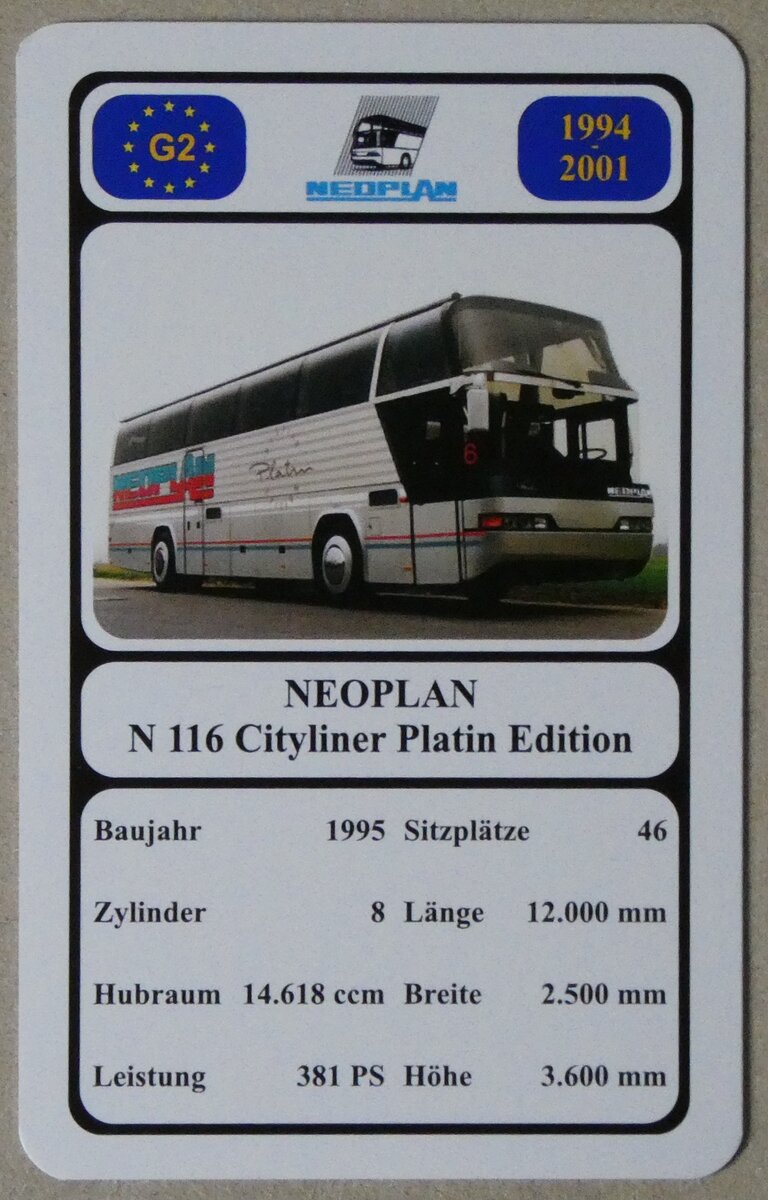 (280'412) - Quartett-Spielkarte mit NEOPLAN N 116 Cityliner Platin Edition von 1995 am 14. September 2025 in Thun