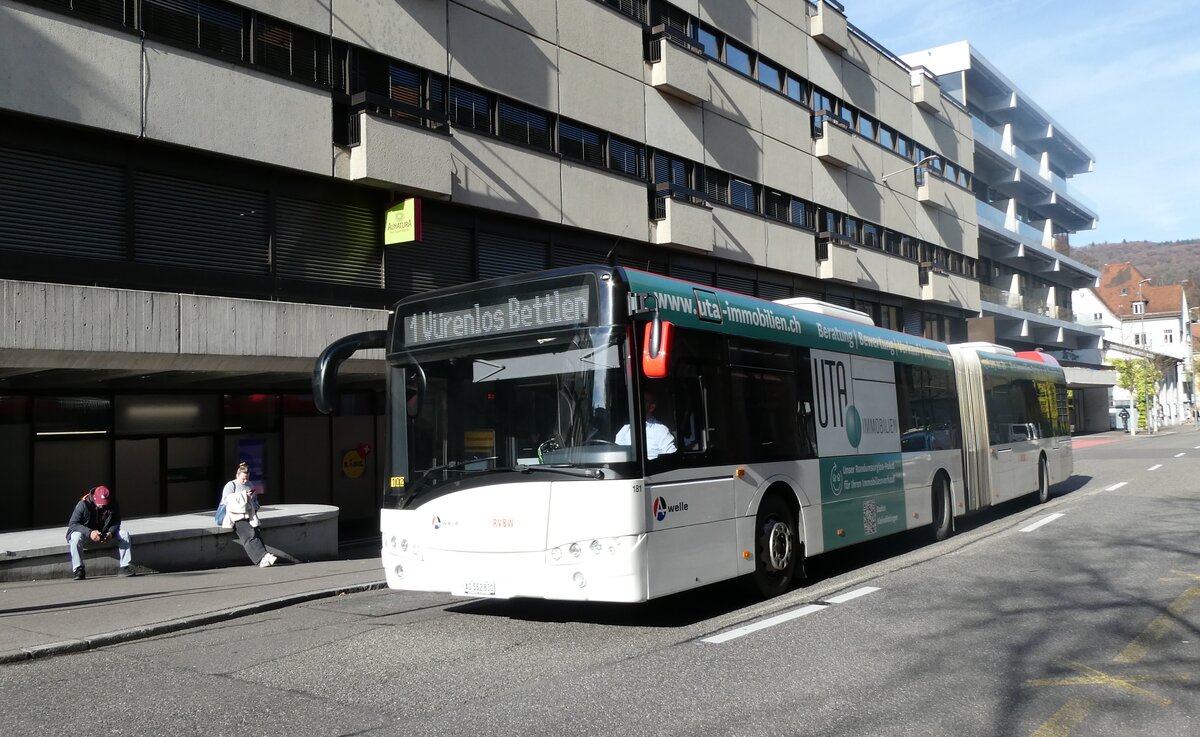 (282'302) - RVBW Wettingen - Nr. 181/AG 552'830 - Solaris (ex AAGR Rothenburg Nr. 1) am 11. November 2025 in Baden, Postautostation