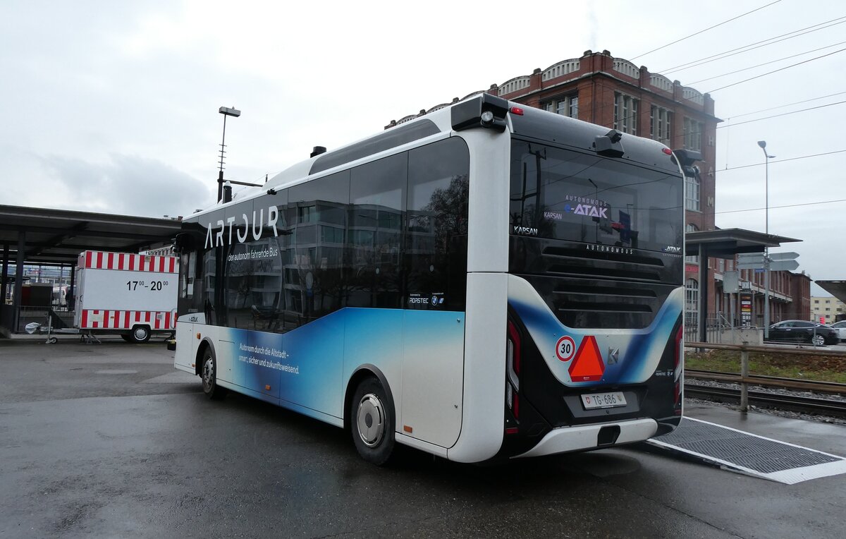 (282'764) - TGA, Arbon (Eurobus) - TG 686 - eKarsan am 5. Dezember 2025 beim Bahnhof Arbon