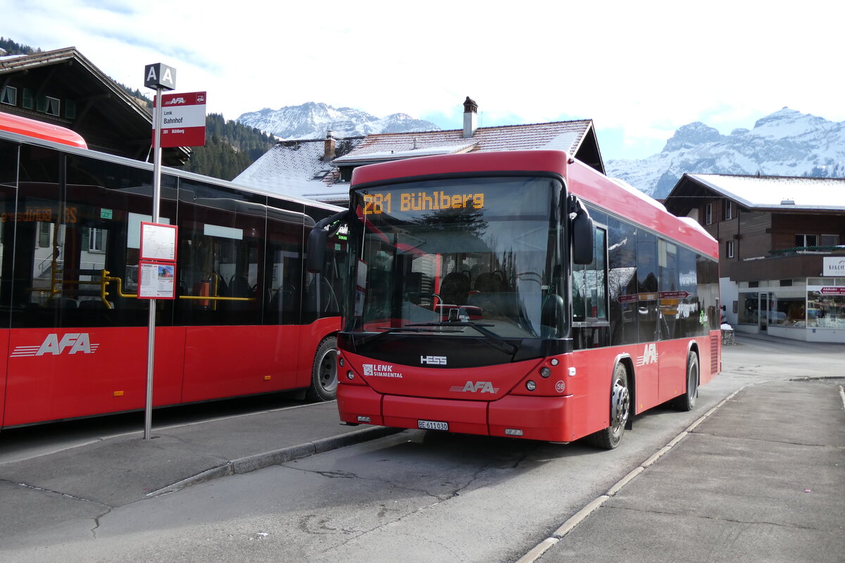 (283'734) - AFA Adelboden - Nr. 56/BE 611'030 - Scania/Hess am 6. Januar 2026 beim Bahnhof Lenk