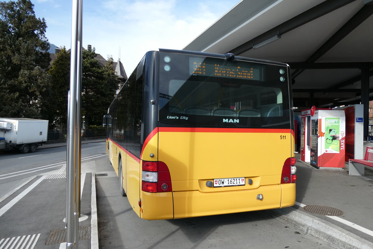 (284'611) - PostAuto Zentralschweiz - Nr. 511/OW 16'211/PID 10'290 - MAN (ex Mattli, Wassen) am 3. Februar 2026 beim Bahnhof Sarnen