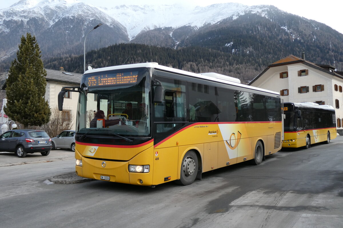 (284'776) - PostAuto Zentralschweiz - Nr. 406/OW 10'006/PID 5538 . Irisbus (ex Nr. 3; ex Dillier, Sarnen Nr. 3) am 10. Februar 2026 in Zernez, Post