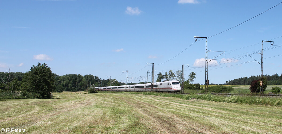 402 040-0  Bochum  und 402 017-8  Bergen auf Rügen  als ICE 535 Oldenburg(Oldb) - München /583 Hamburg - München umgeleitet wegen Unwetterschäden durch Oberdachstetten. 08.06.24