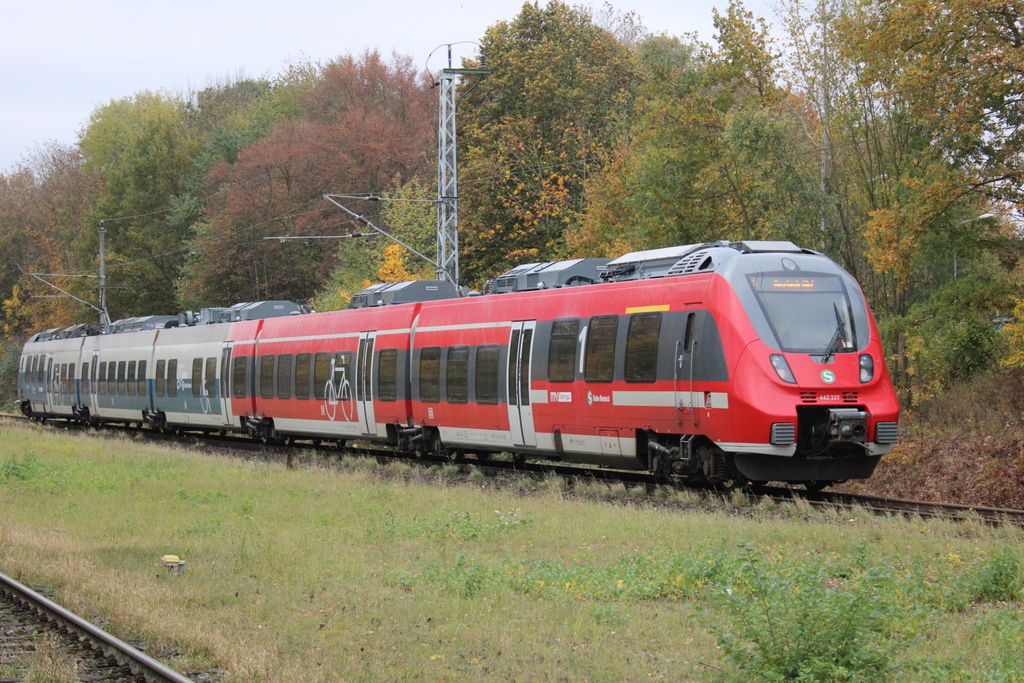 442 337 als S1(Warnemünde-Rostock)bei der Ausfahrt in Rostock-Lütten Klein.01.11.2024