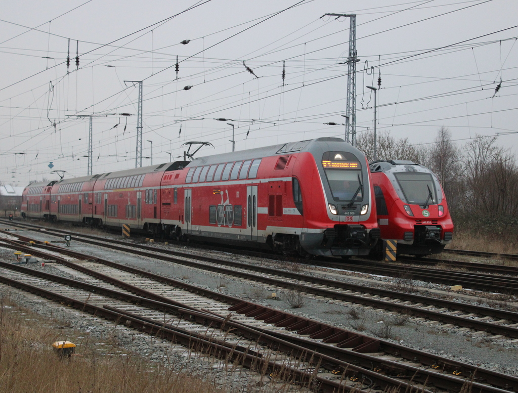 445 006-3+445 003 als RE 5 von Berlin-Südkreuz nach Rostock bei der Einfahrt im Rostocker Hbf.23.01.2026