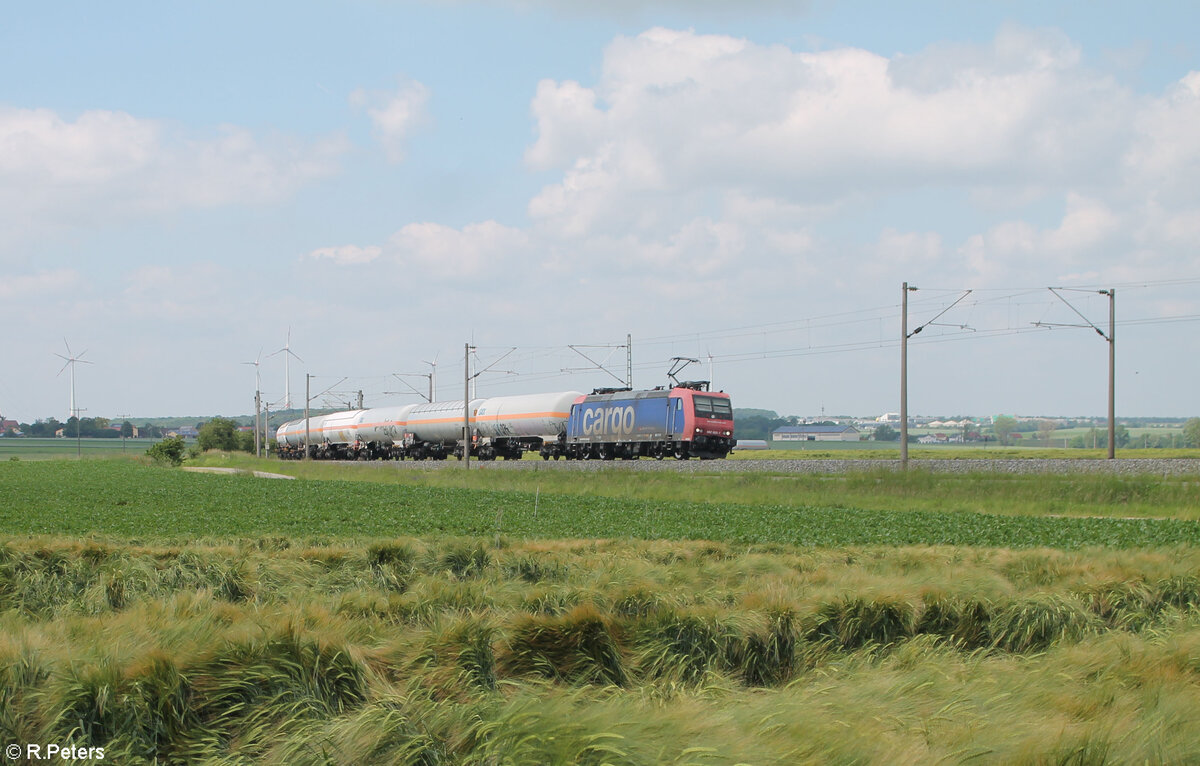 482 003-1 zieht ein Gaskesselzug kurz vor Uffenheim gen Süden. 04.06.24