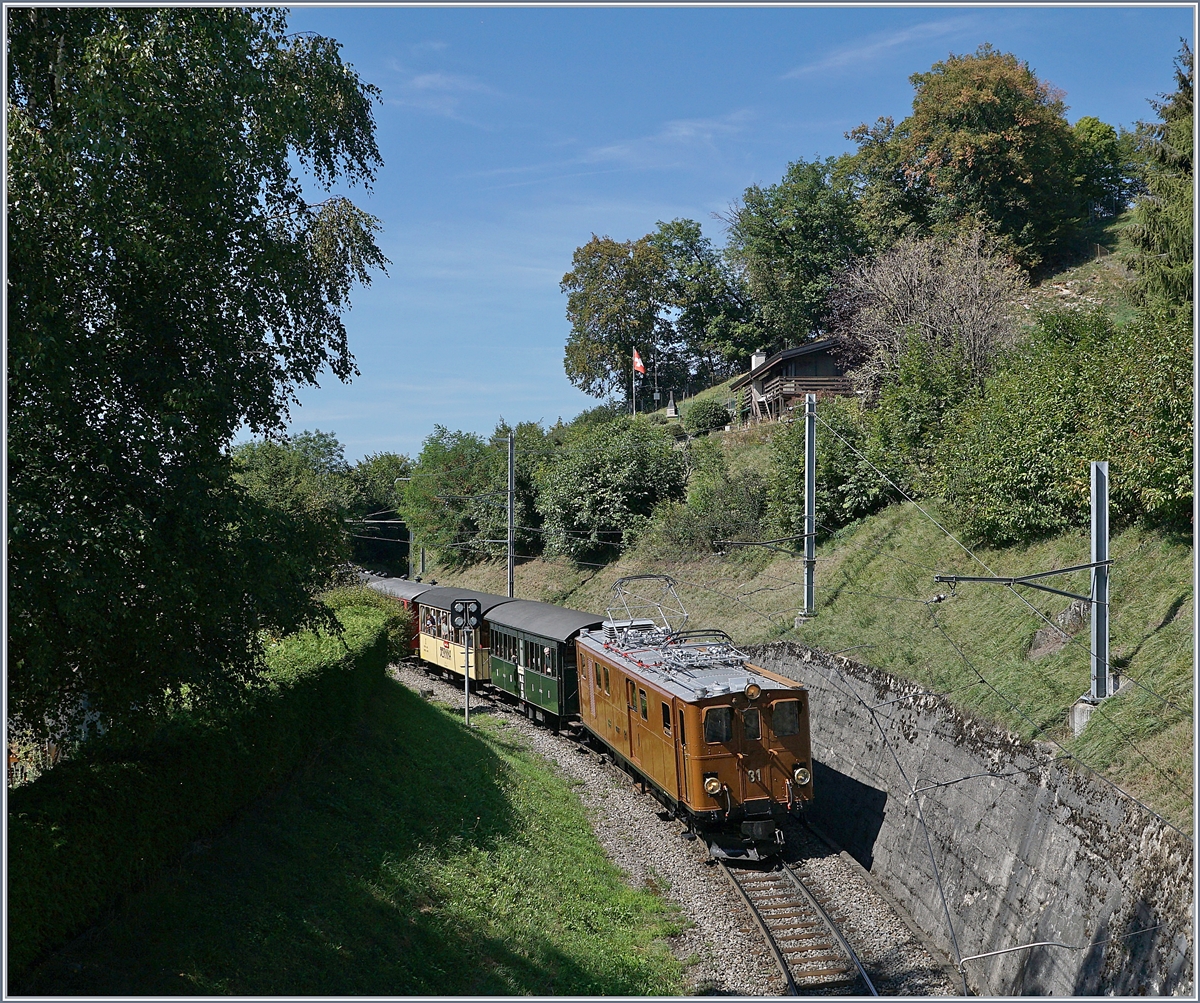 50 Jahre Blonay - Chamby Bahn; die Bernina Bahn Ge 4/4 81 ist bei Sonzier mit dem Riviera Belle Epoque Zug auf der Fahrt nach Montreux. 

8. Sept. 2018 