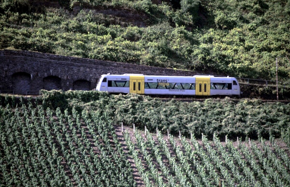 650 VT 002 der Transregio Rheinland-Pfalz auf dem Lehnviadukt an der Mosel bei Pnderich am 15.08.2002.